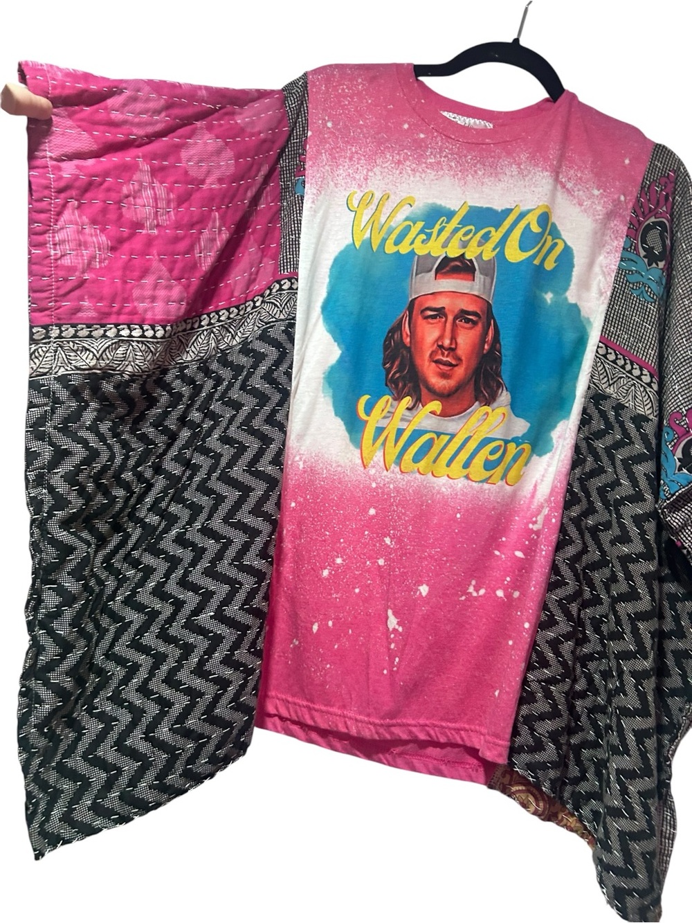 Upcycled Morgan Wallen Oversized Band Tee Kantha Sleeve Top Boho Festival shirt